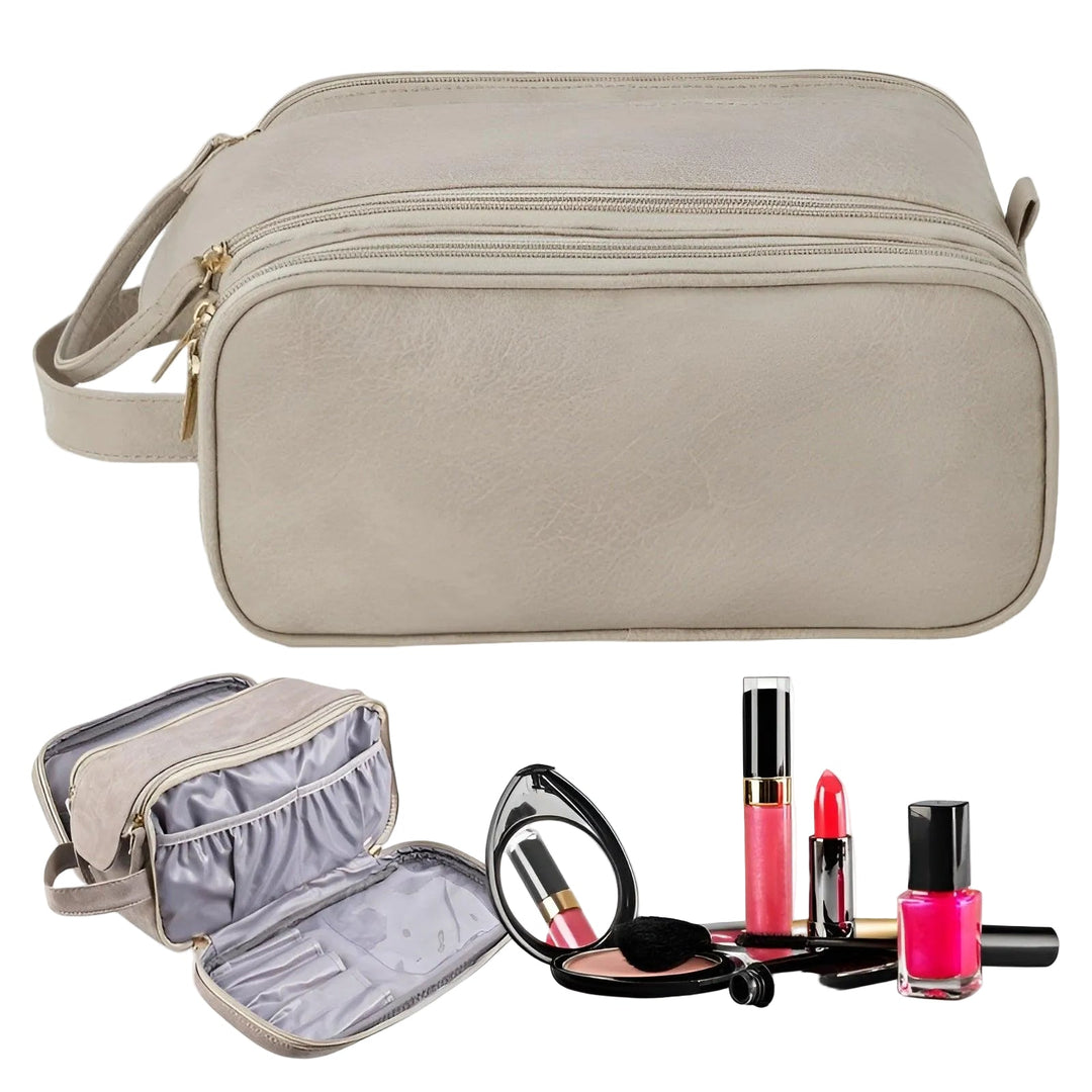 Große wasserdichte Reise-Kosmetiktasche aus beigem Nylon mit verstellbarem Schultergurt. Perfekt für Make-up.