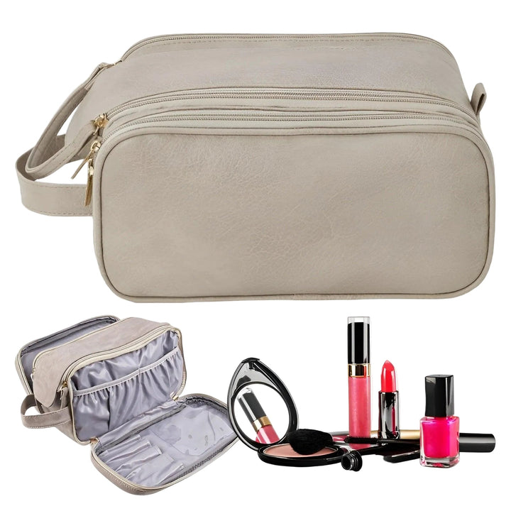 Große wasserdichte Reise-Kosmetiktasche aus beigem Nylon mit verstellbarem Schultergurt. Perfekt für Make-up.