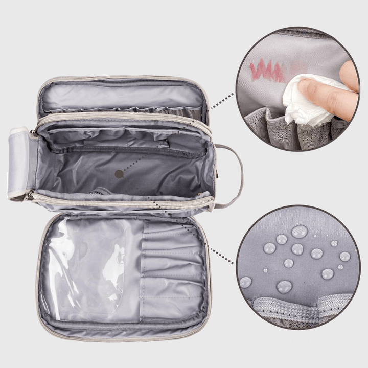 Vielseitige beige Nylon Kosmetiktasche mit verstellbarem Schultergurt. Ideal als Make-up Organizer für unterwegs.