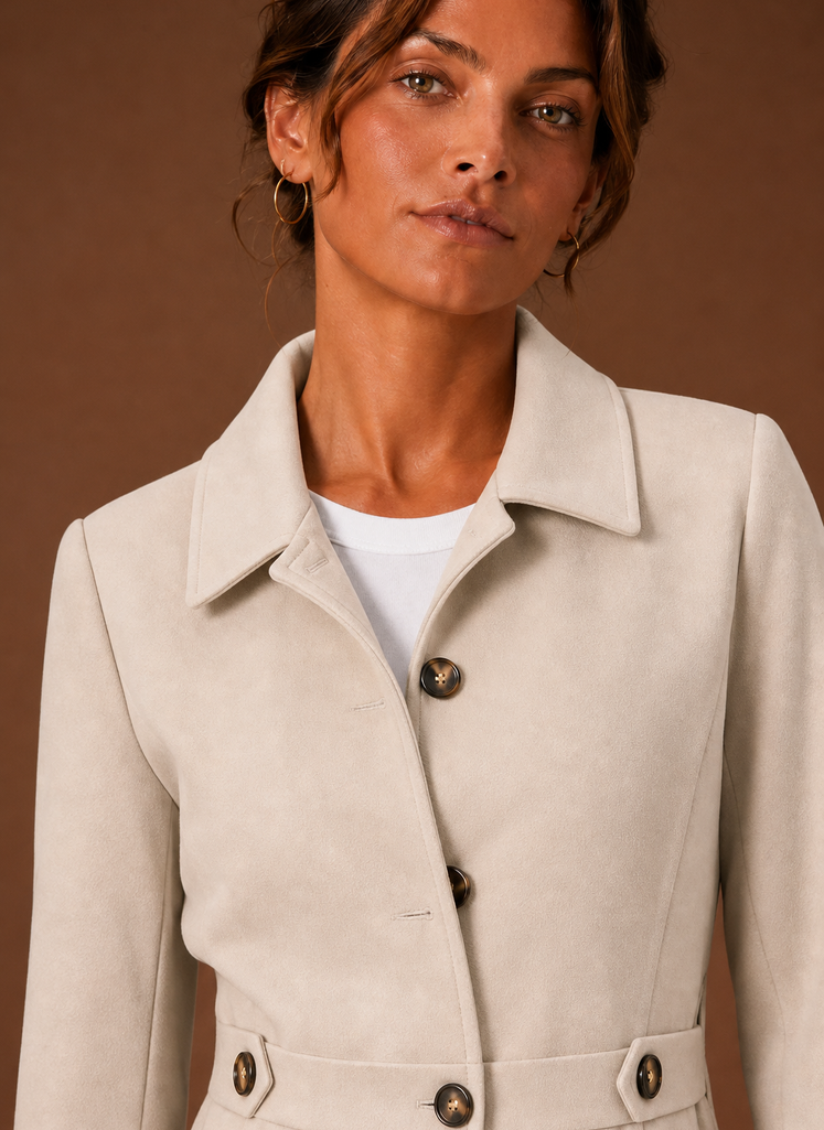 Stilvoller schwarzer Damen Trenchcoat in Midilänge mit markanter Knopfleiste.