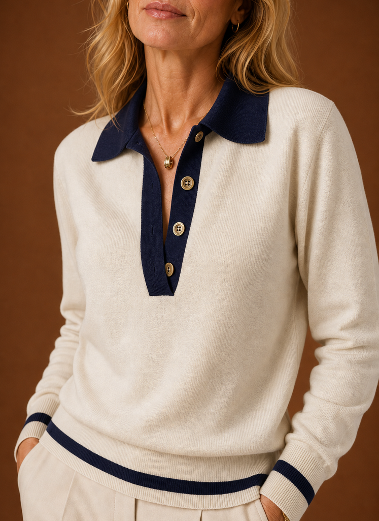 Eleganter Damen Strickpullover in Creme mit Polokragen & Knopfleiste, bequem und vielseitig kombinierbar.