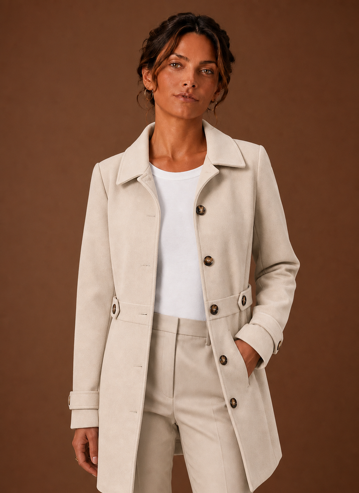 Klassischer Damen Trenchcoat in Midilänge mit Knopfleiste für Frühling und Herbst.