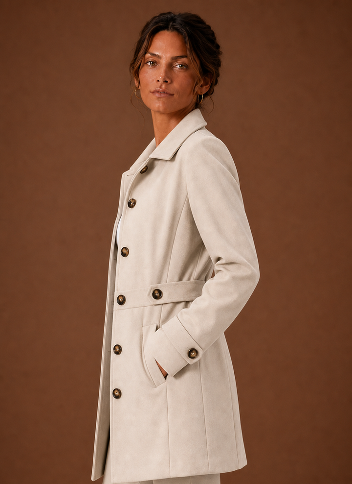 Schwarzer Midilänge Damen Trenchcoat als stilvolle Übergangsjacke.