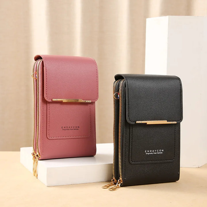 Damen Crossbody Handytasche & Geldbörse aus veganem Leder, ideal für Handy und Karten.