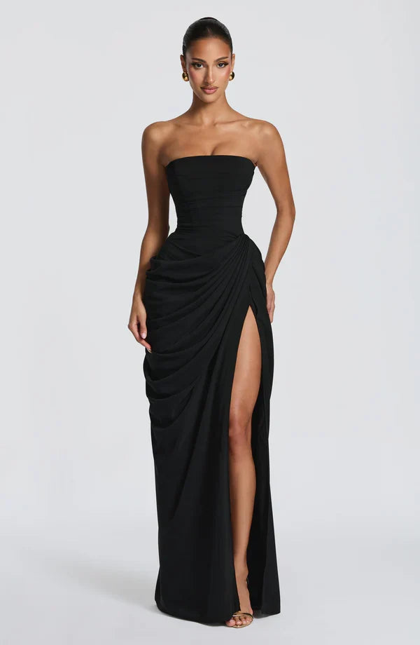 Damen Maxikleid: Trägerloses Korsett-Oberteil, lange figurbetonte Silhouette mit Schnürung.