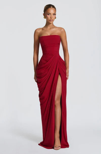 Schickes Damen-Abendkleid, trägerloses Korsett-Maxikleid mit feiner Schnürung, festlich.