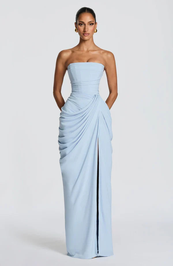 Damenkleid: Langes, trägerloses Korsett-Maxikleid mit seitlicher Schnürung, elegant & festlich.