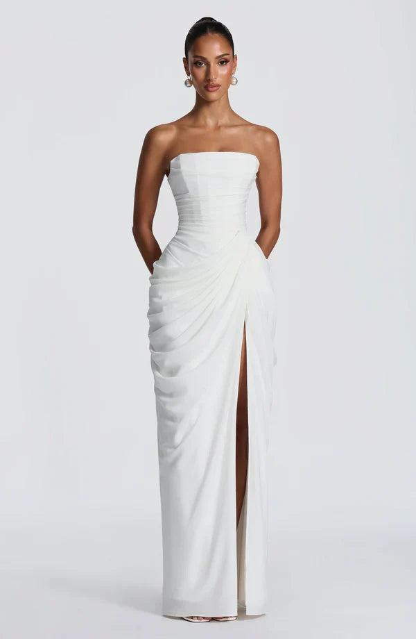 Langes Abendkleid: Trägerloses Korsett-Stil, Schnürung am Rücken, schickes Damen-Maxikleid.