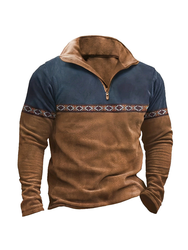 Brauner Herren Pullover mit Ethno-Muster, Halb-Reißverschluss & Stehkragen