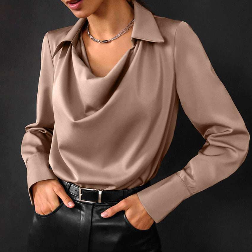 Vielseitiges Damen Oberteil mit Wasserfallkragen, langärmlig; für Business-Casual und Freizeit-Looks.