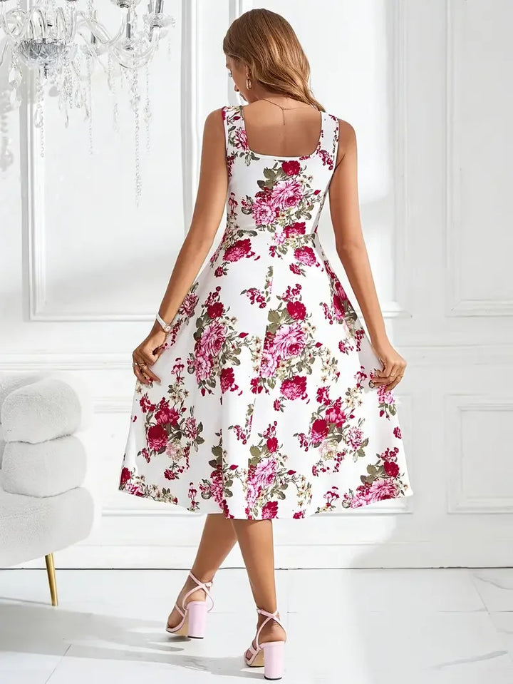 Figurschmeichelndes Damen Midikleid mit lebendigem Blumenmuster. Ideal für Frühling und Sommer.