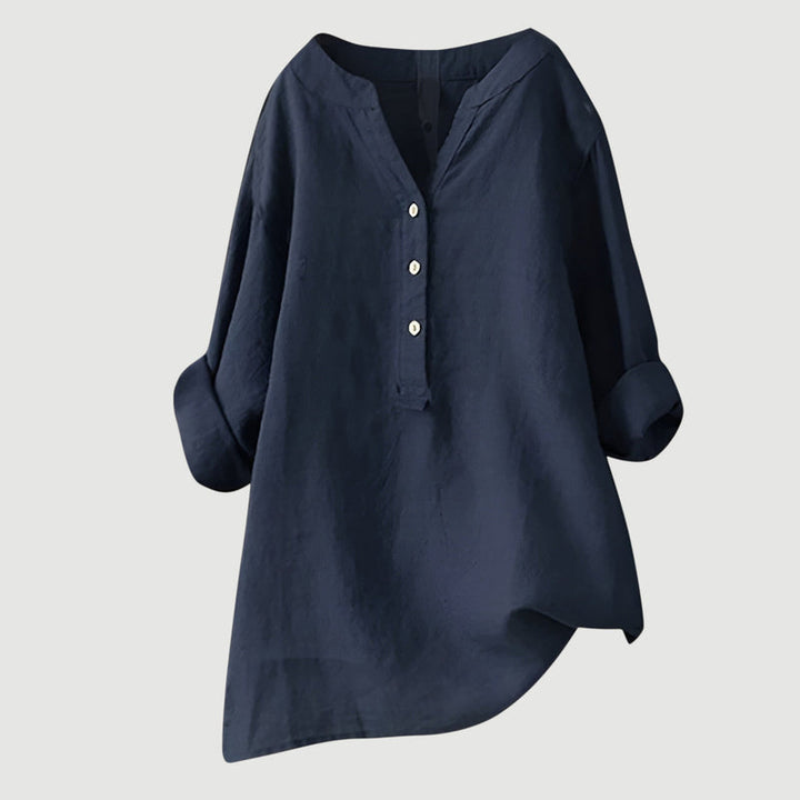 Lässige Damenbluse mit V-Ausschnitt und Knopfleiste. Langarm, lockerer Schnitt für entspannte Freizeit-Looks.