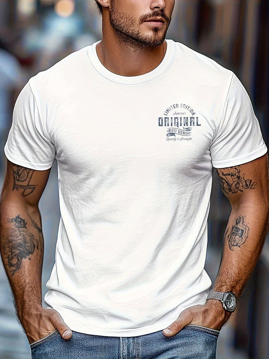 Weißes Herren T-Shirt mit Vintage-Print. Modernes Rundhals Statement-Shirt für Alltag & Sommermode. Herrenmode.