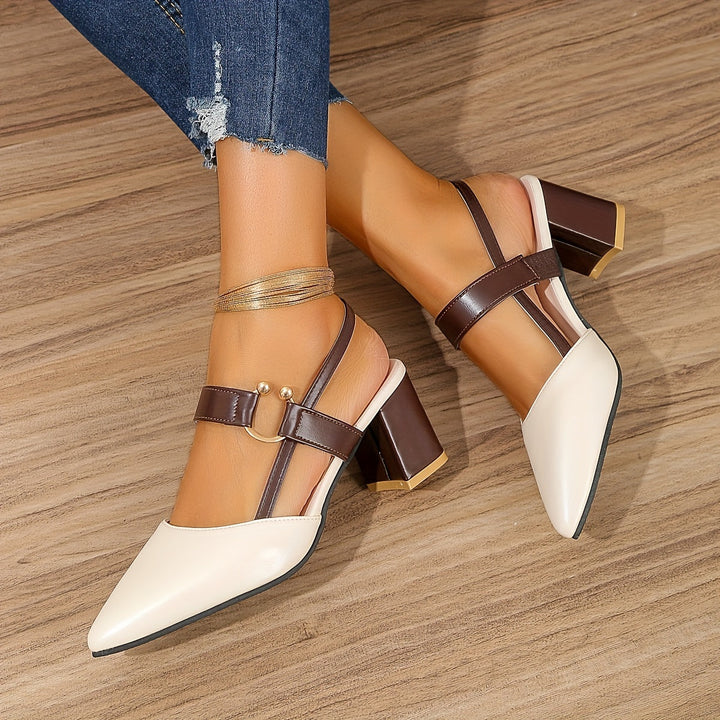 Damen Slingback Heels mit elegantem Spitzzehen-Design und stabilem Blockabsatz für modische Auftritte.