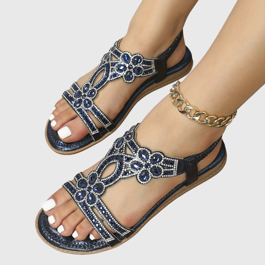 Himmelblaue Damen-Sandalen, flach, mit Fersenriemen und hoher Bequemlichkeit.