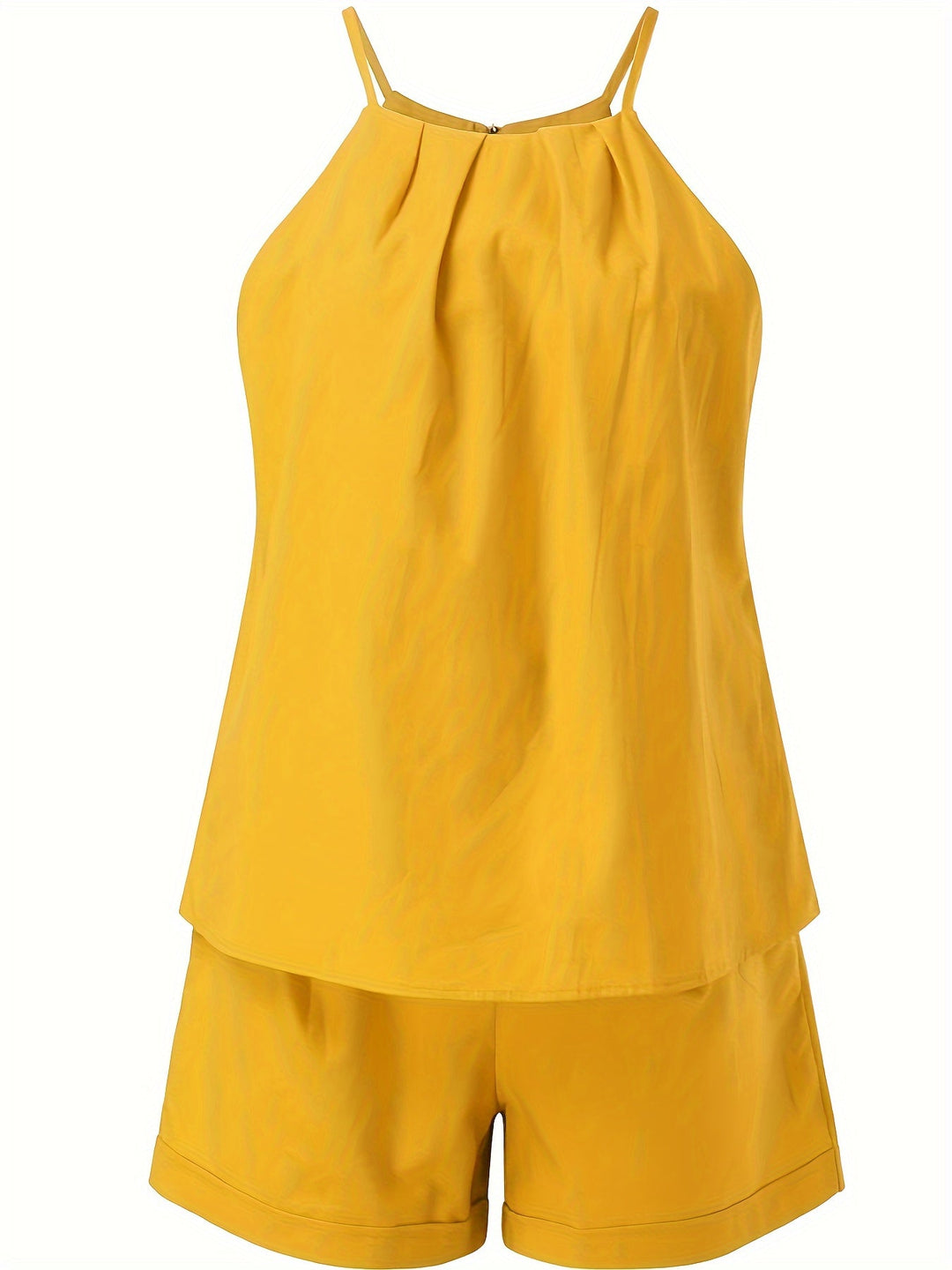 Zweiteiliges Damen Set für den Sommer: ärmelloses Blusentop und Shorts mit Gürtel in dezentem Look.