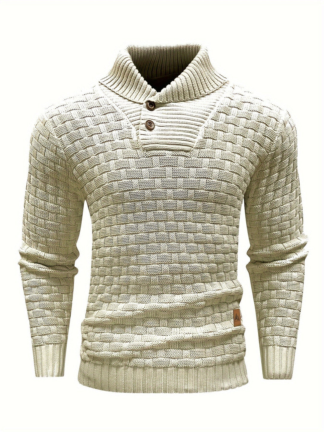 Mann trägt bequemen Herren Pullover mit Waffelstruktur und elegantem Schalkragen, Winteroutfit.
