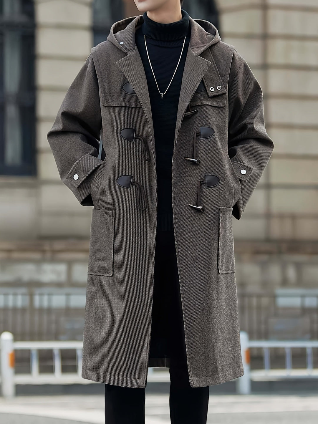 Klassischer Herren Dufflecoat mit Kapuze, vielseitiger & warmer Wintermantel für Herren.