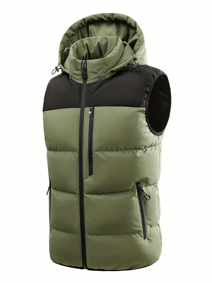 Ärmellose Herren-Steppweste mit Kapuze, robust und zweifarbig. Ideal als Übergangsjacke für Herren.