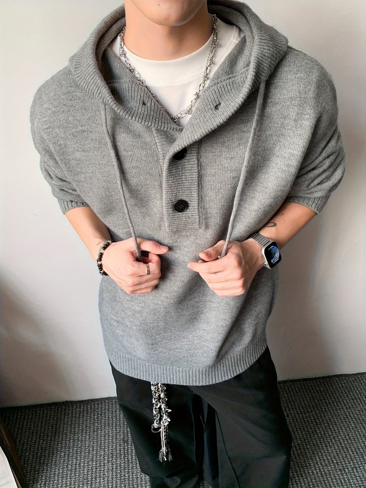 Stylischer Herren Strick Hoodie dunkelgrau mit praktischer Knopfleiste und Kapuze, lässiger Schnitt.