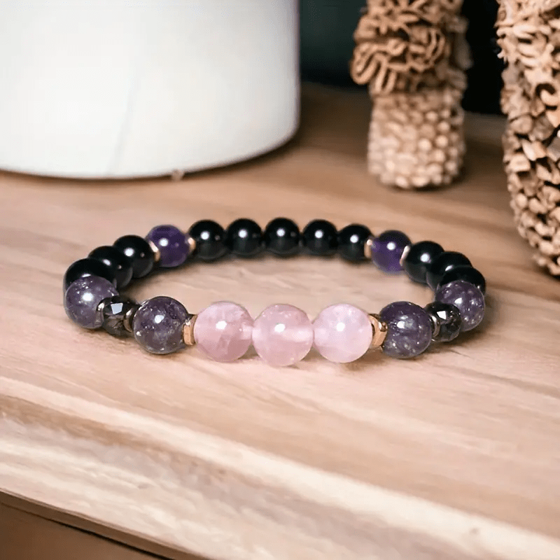 Edles Damen Edelsteinarmband "Aurora" mit Rosenquarz, Obsidian & Amethyst Perlen.