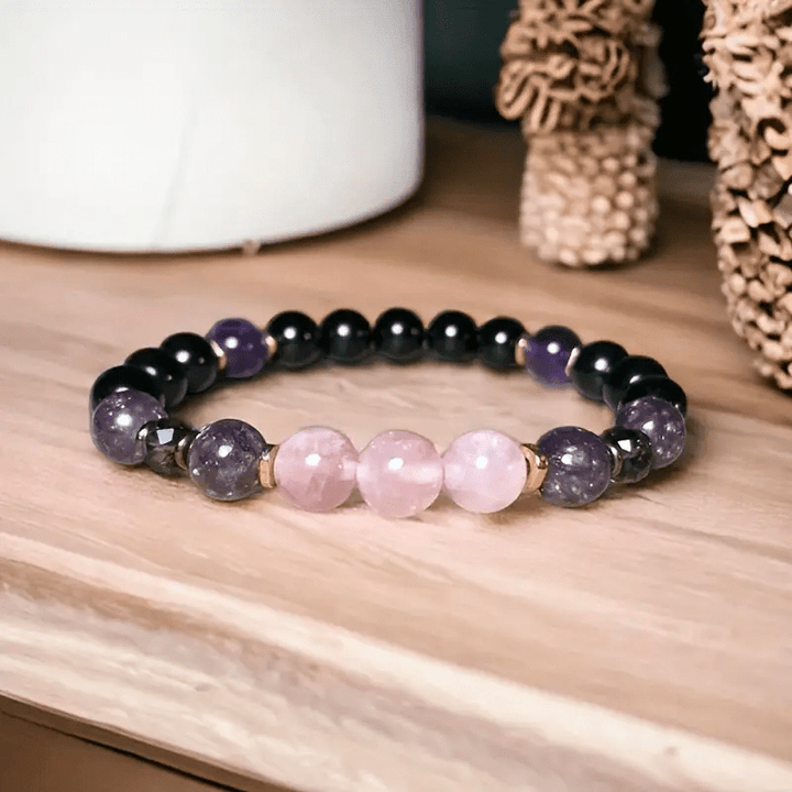 Edles Damen Edelsteinarmband "Aurora" mit Rosenquarz, Obsidian & Amethyst Perlen.
