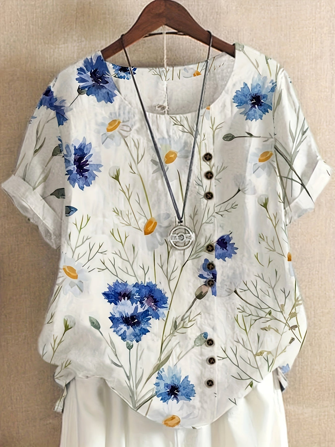 Blumenmuster Vintage Damenbluse mit durchgehender Knopfleiste, perfektes Sommer-Freizeitoberteil.