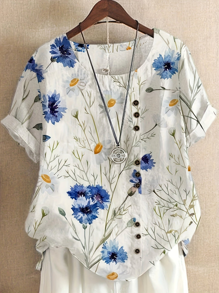Blumenmuster Vintage Damenbluse mit durchgehender Knopfleiste, perfektes Sommer-Freizeitoberteil.
