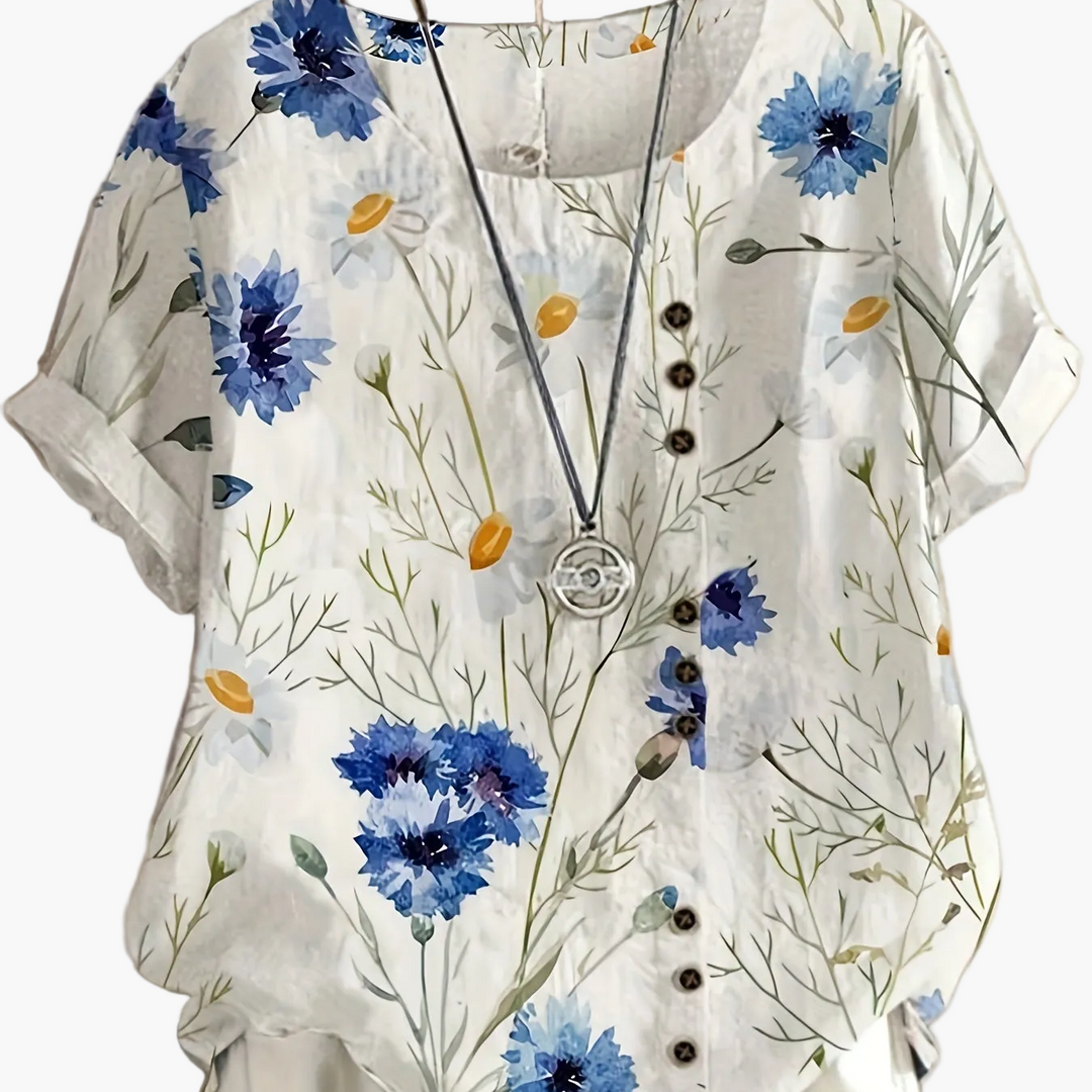 Vintage Damen Sommerbluse mit Knopfleiste & Blumenmuster, leichtes Oberteil für viele Anlässe.