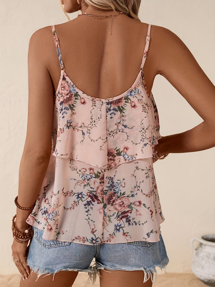 Sommerliches, feminines Damen Crop Top mit Rüschen & Blumenmuster, ideal für warme Tage & Urlaubsstil.