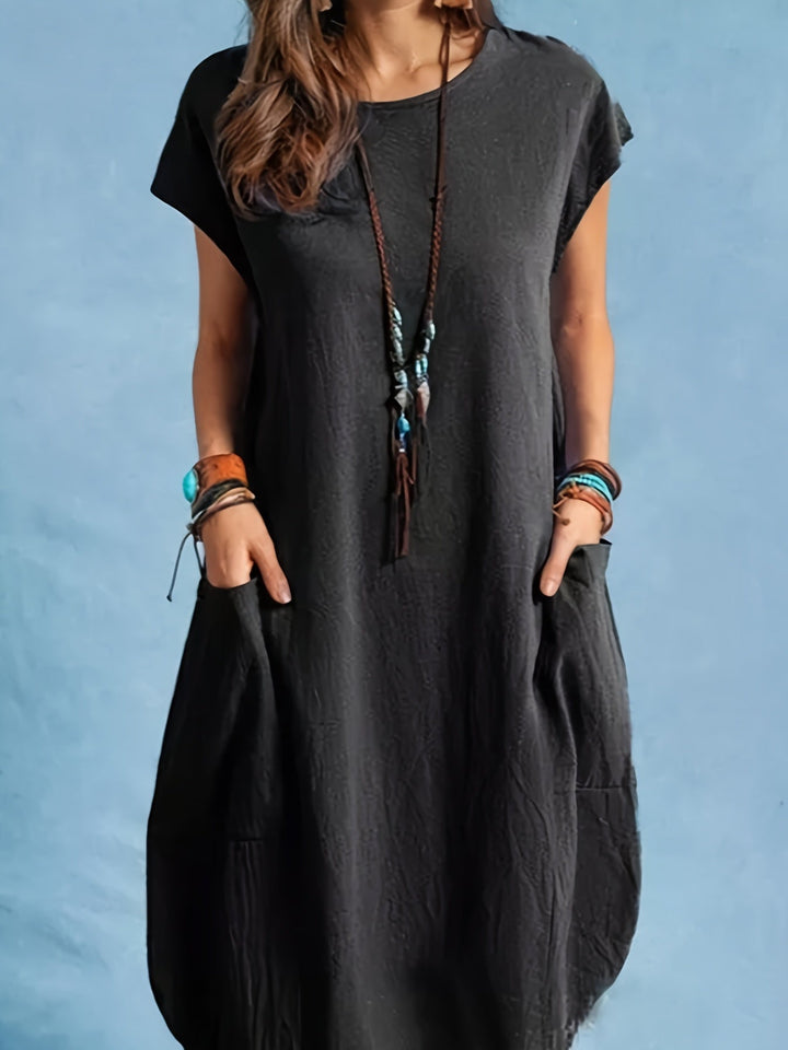 Komfortables Damen A-Linien Tunikakleid im Boho Look, mit Taschen. Perfektes Freizeitkleid für Frühling & Sommer.