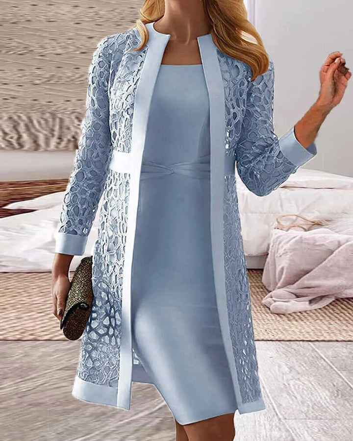 Stilvolles Damen Zweiteiler-Set: Spitzenkleid & Cardigan. Perfekt für festliche Abende, Hochzeiten oder schicke Frühlingsevents.