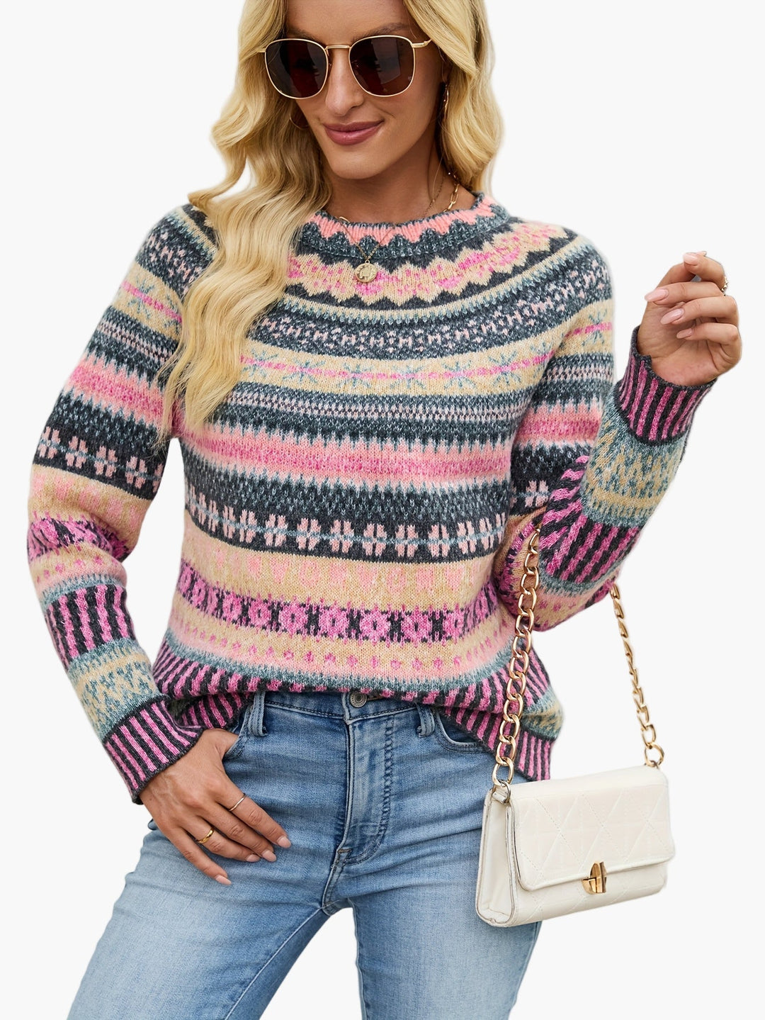 Eleganter Damen Fair Isle Pullover mit Rundhals, perfekt kombinierbar für Herbst- & Winterfreizeitlooks. Gemütlich.