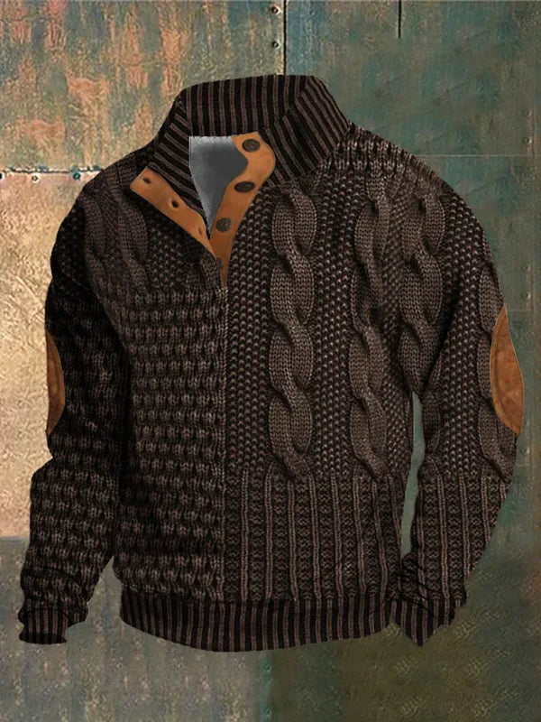 Komfortabler Herrenmode Strickpullover mit Patchwork, Zopfmuster & Knopfkragen. Ideal für Winter.