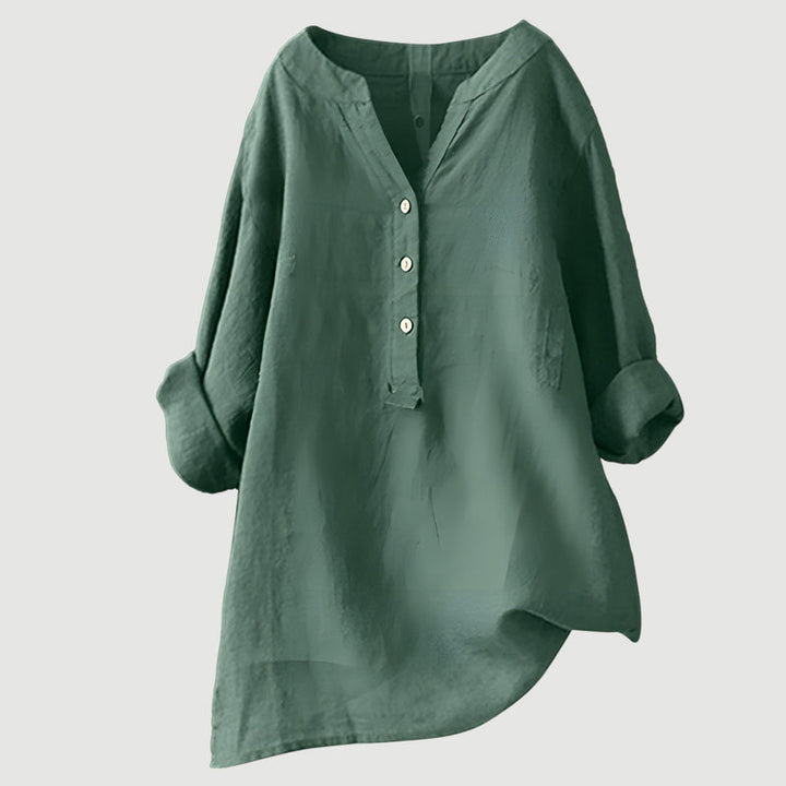 Damenbluse mit V-Ausschnitt in lebendigen Farben. Langarm, lockere Passform für lässigen und eleganten Look.