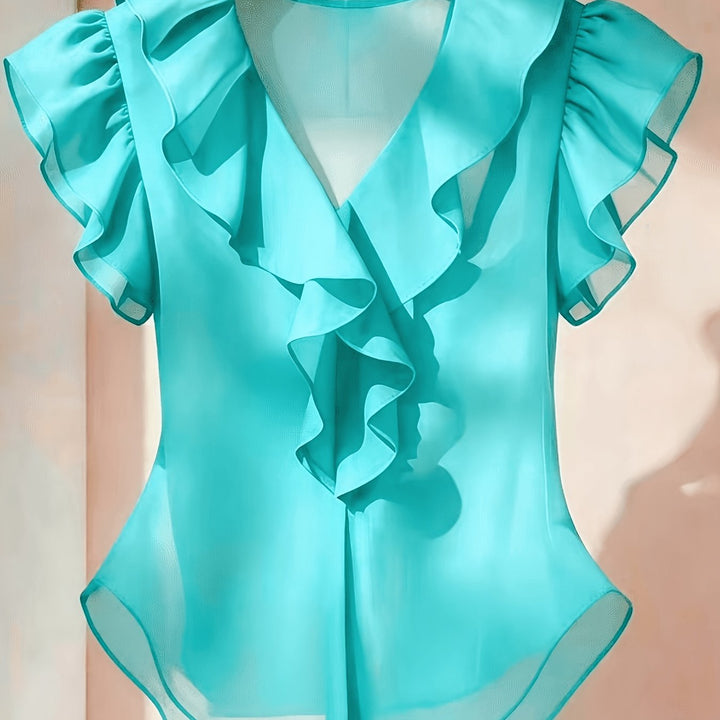 Stilvolle Rüschenbluse für Damen. Mit V-Ausschnitt & Volantärmeln. Zeitlos schön.