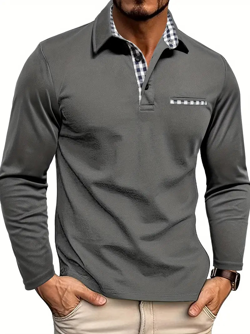 Herren Langarm Poloshirt mit elegantem Karo-Kragen und praktischer Brusttasche, ideal für Business & Freizeit.