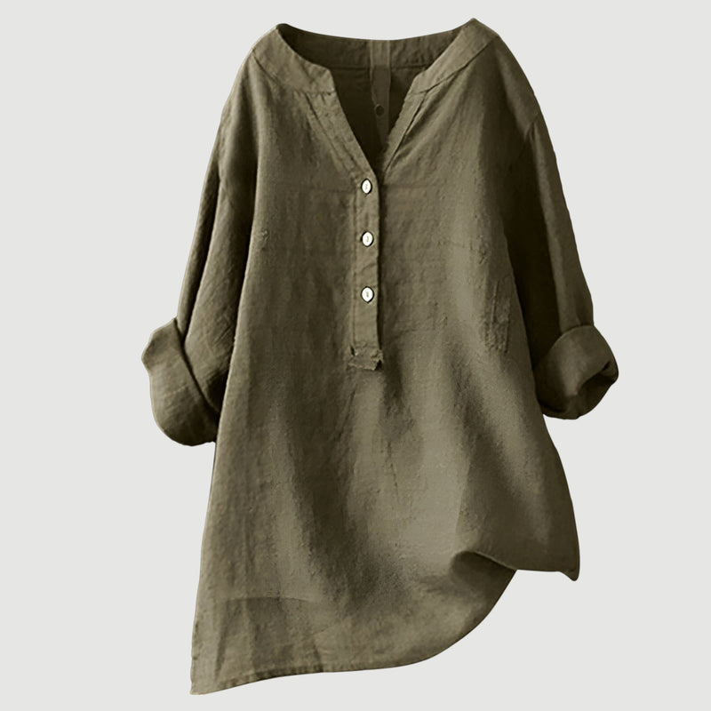 Moderne Damenbluse mit V-Ausschnitt & Langarm. Lockerer Schnitt, ideal für Freizeit, Büro und Frühling.
