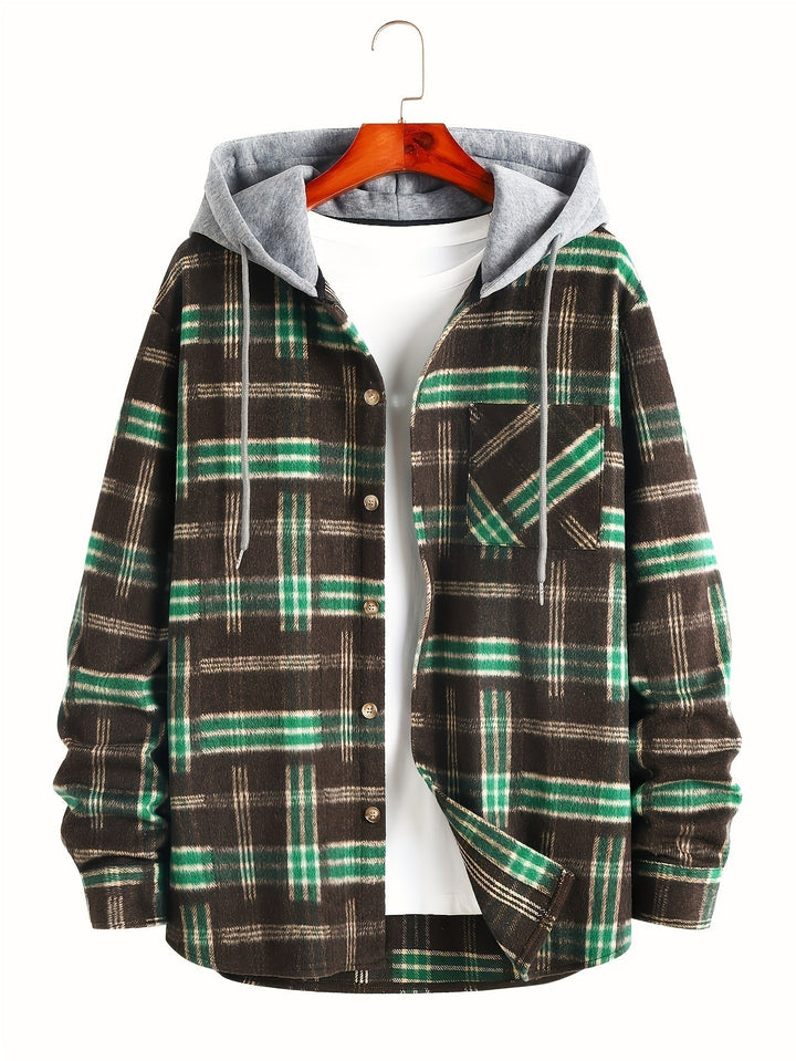 Lässige karierte Herren Hemdjacke mit Kapuze und Langarm. Ideal für Freizeit und modische Herbstlooks.