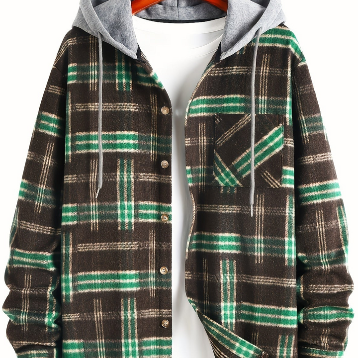 Stilvolle karierte Herren Hemdjacke mit Kapuze, Langarm. Perfekte Freizeitjacke für modische Herbsttage.