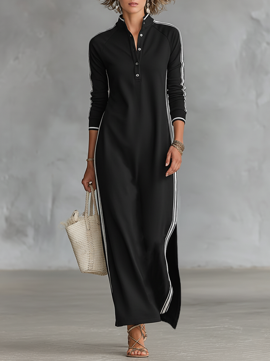 Elegantes Damen Maxikleid mit Kragen, durchgehender Knopfleiste und langen Ärmeln. Perfekt für Sommer & Herbst.