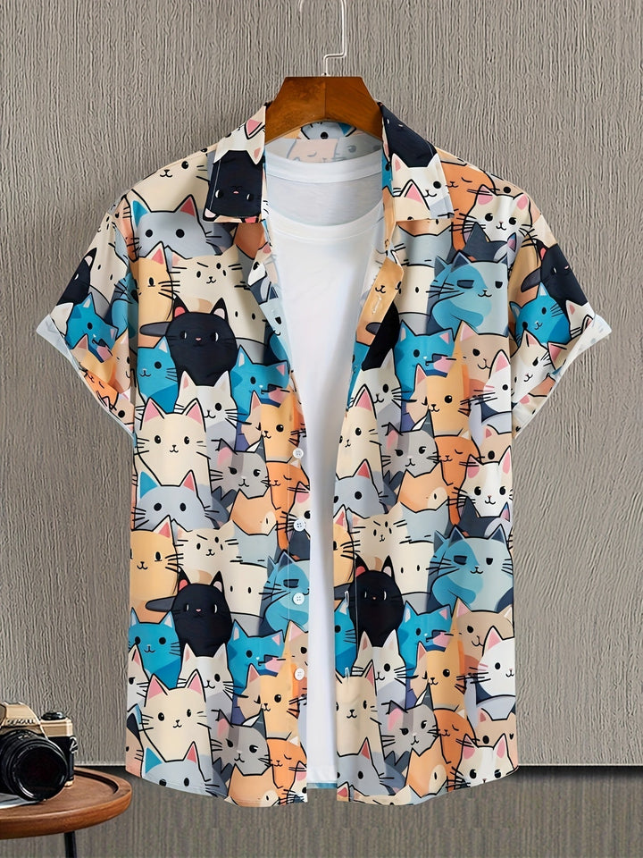 Stylisches Herren Casual-Hemd mit einzigartigem Katzenmotiv, perfekt als Party- oder Sommerhemd.