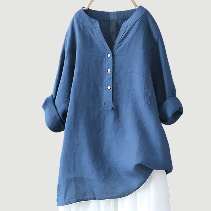 Elegante Langarm-Bluse für Damen mit V-Ausschnitt. Lockerer Schnitt, stilvoll und vielseitig kombinierbar.
