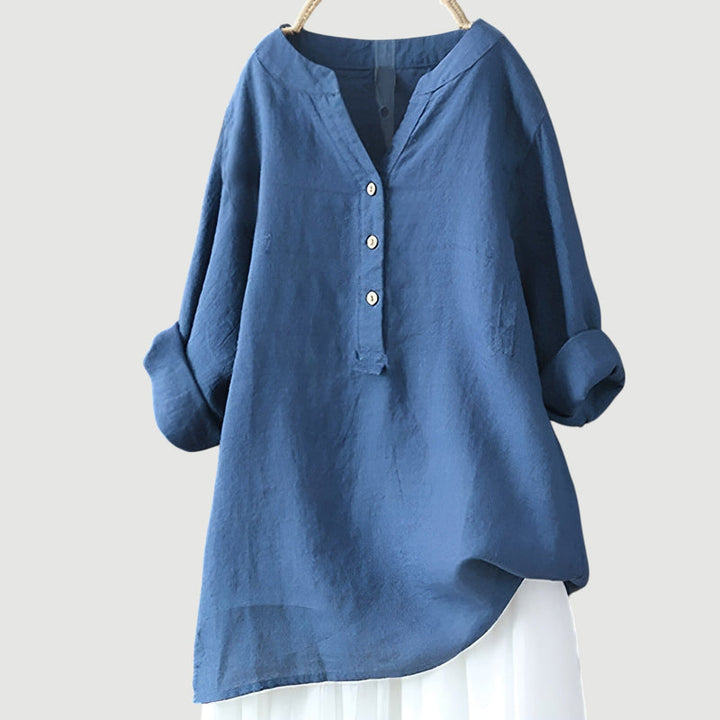 Elegante Langarm-Bluse für Damen mit V-Ausschnitt. Lockerer Schnitt, stilvoll und vielseitig kombinierbar.