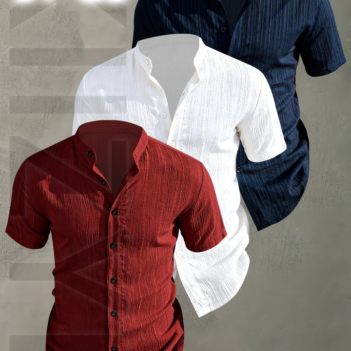 Modisches Herren Kurzarmhemden-Set (3er-Pack) mit Stehkragen für Sommer und Freizeit.
