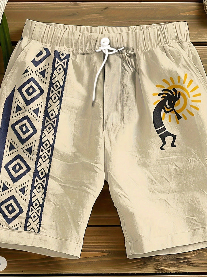 Khakifarbene Herren Freizeitshorts mit Ethno-Muster und Künstler-Motiv, perfekt für Sommer & Urlaub.