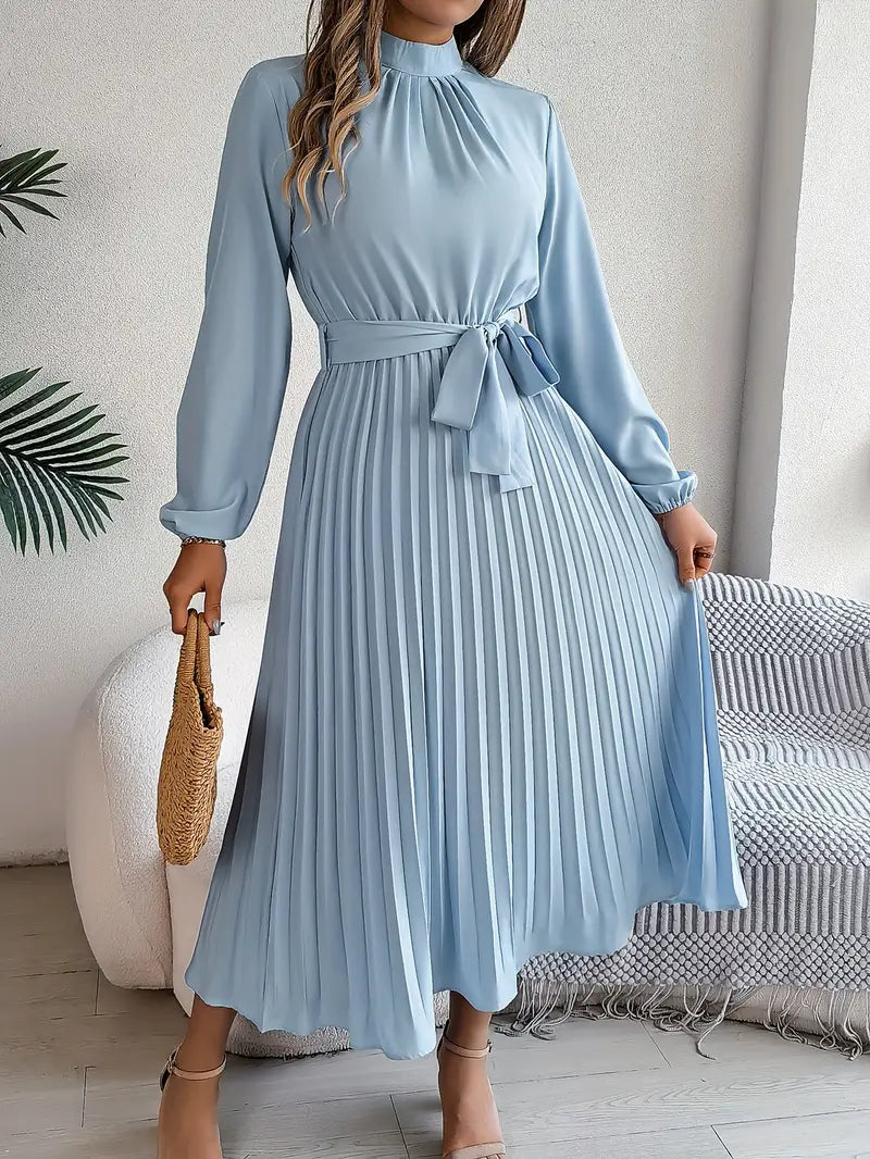 Damen Abend Midikleid, plissiert, elegant mit Stehkragen & Langarm, perfekt für festliche Anlässe & Gala.
