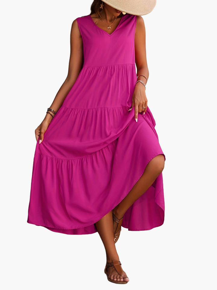 Elegantes Damen Maxikleid mit tiefem V-Ausschnitt, ärmellos, für Sommerfeste, Urlaub und feminine Mode.
