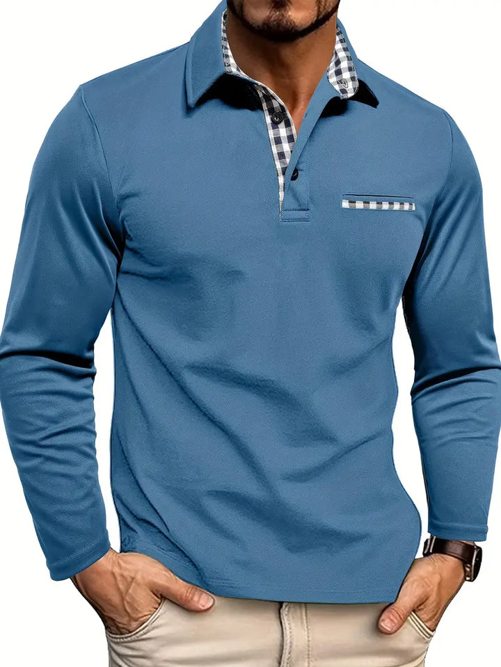 Schickes Herren Langarm Poloshirt mit kariertem Kragen und Tasche, perfekt für smarte Freizeit- und Business-Outfits.
