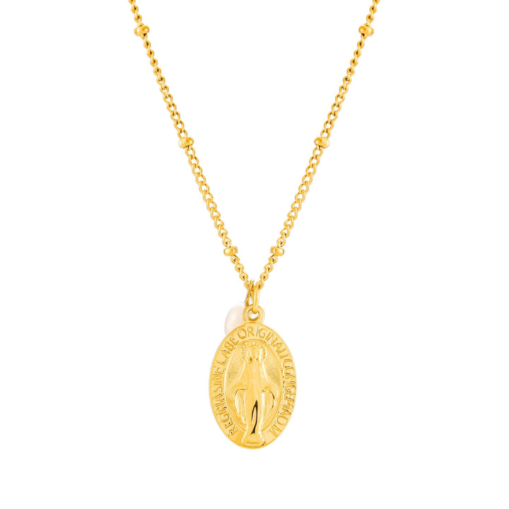 Detailansicht der Damen Halskette aus wasserfestem Edelstahl mit Goldkreuz & Süßwasserperlen-Anhänger.